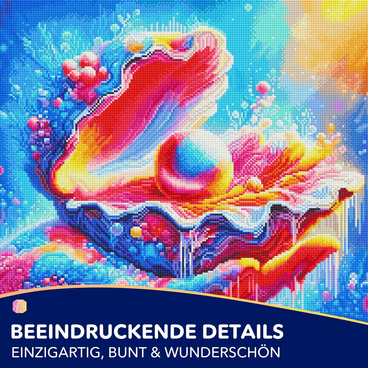 Buntes Diamond Painting Set Zauber des Meeres mit glitzernder Muschel und Perle in leuchtenden Farben auf 50x50cm Leinwand.
