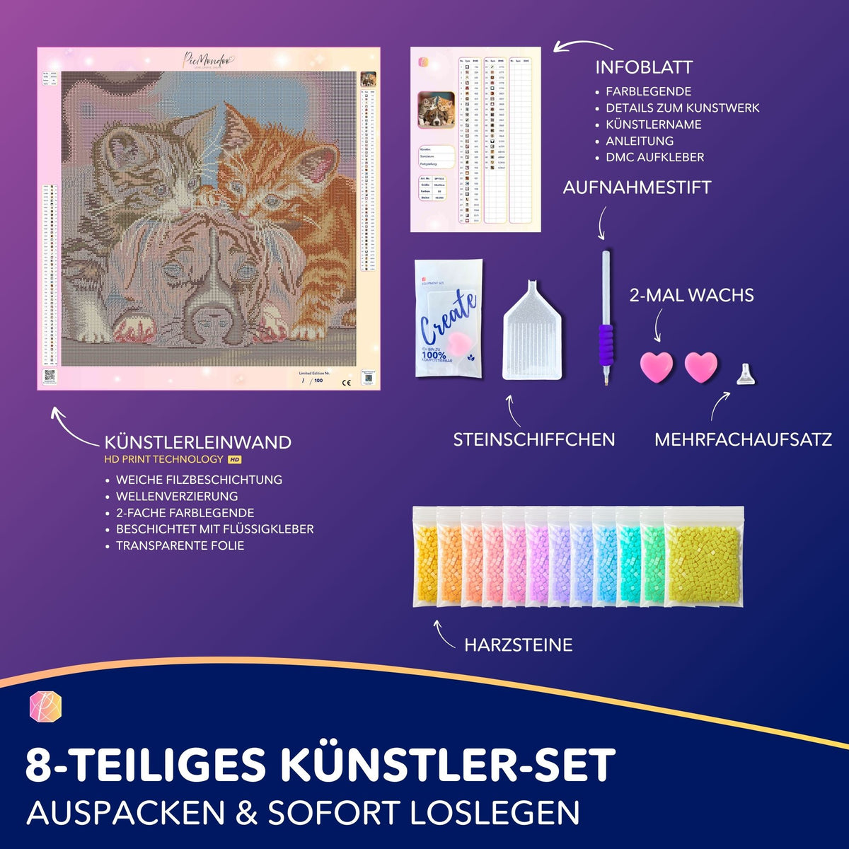 Diamond Painting Set Friends for Life mit süßen Katzen und Hund, inklusive Zubehör, Leinwand und Harzsteine im 8-Teiler