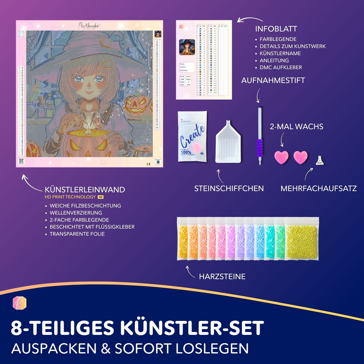 Diamond Painting Set Little Sabrina mit Glitzersteinen, Kürbis-Motiv, Künstlerleinwand und komplettem Zubehör zum Basteln.