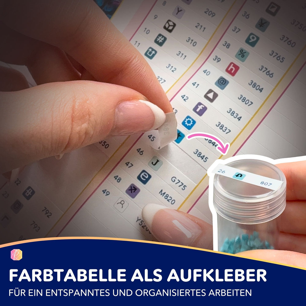 Praktische Farbtabelle als Aufkleber für Diamond Painting zur einfachen Organisation der bunten Steinchen