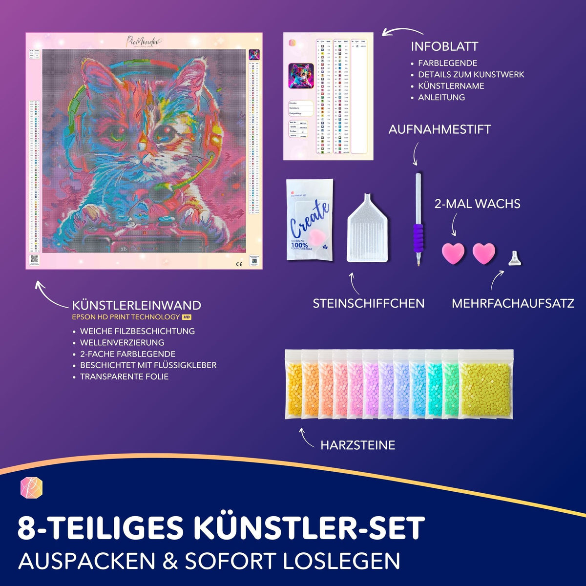 8-teiliges Diamond Painting Set mit bunter Gamer-Katze, hochwertiger Leinwand, Zubehör und bunten Strasssteinen zum Basteln.