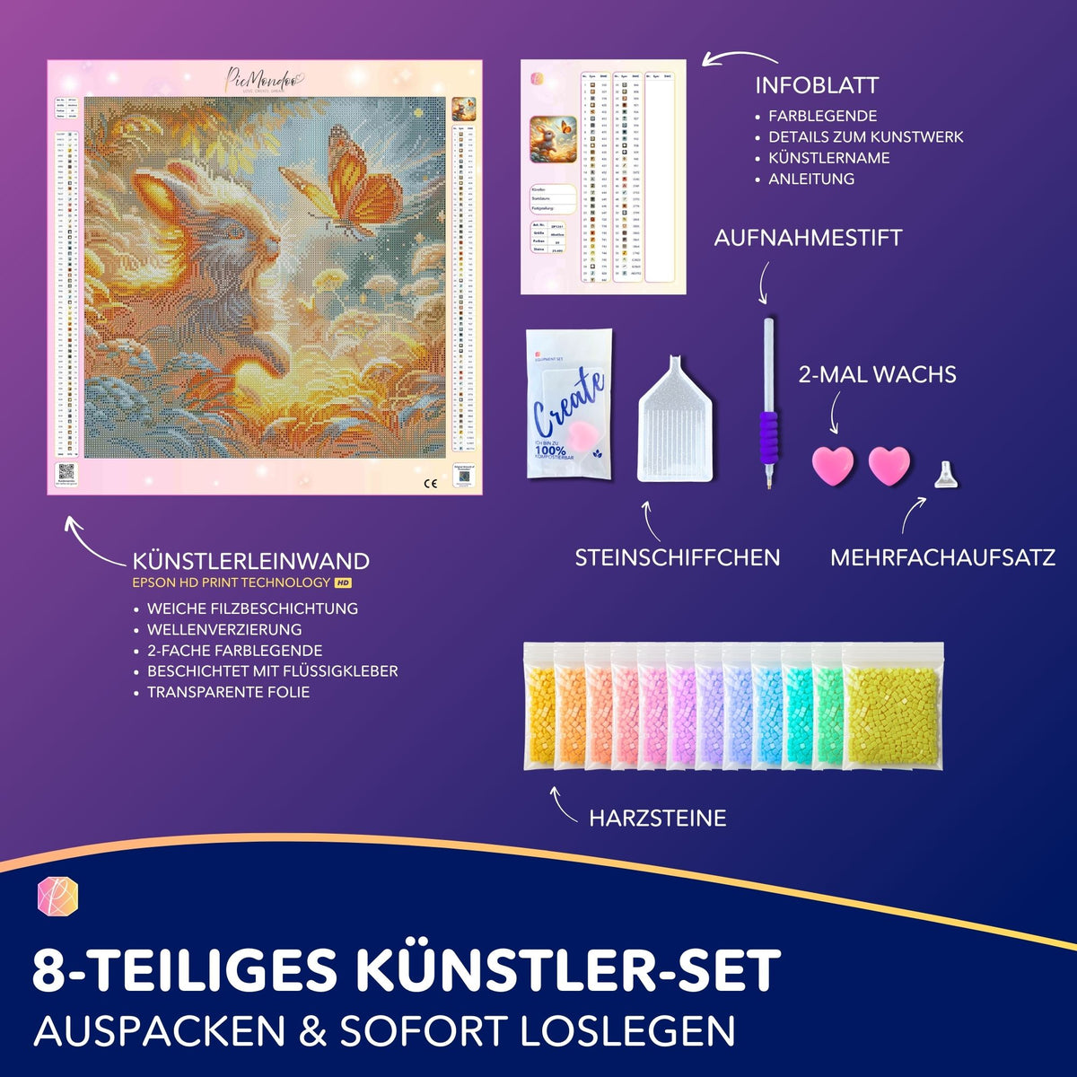 Diamond Painting Set Häschenfreunde mit Leinwand, Glitzersteinen und Bastelzubehör für kreative DIY-Kunstwerke