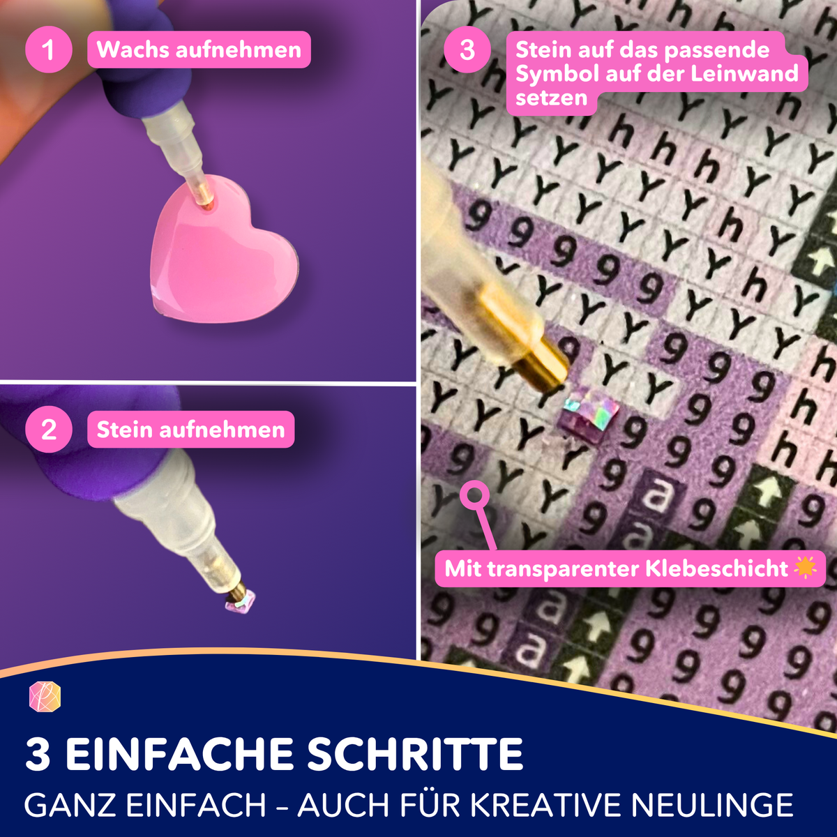 Anleitung für Diamond Painting: 3 einfache Schritte zum Setzen der glitzernden Diamanten auf die Klebeleinwand.