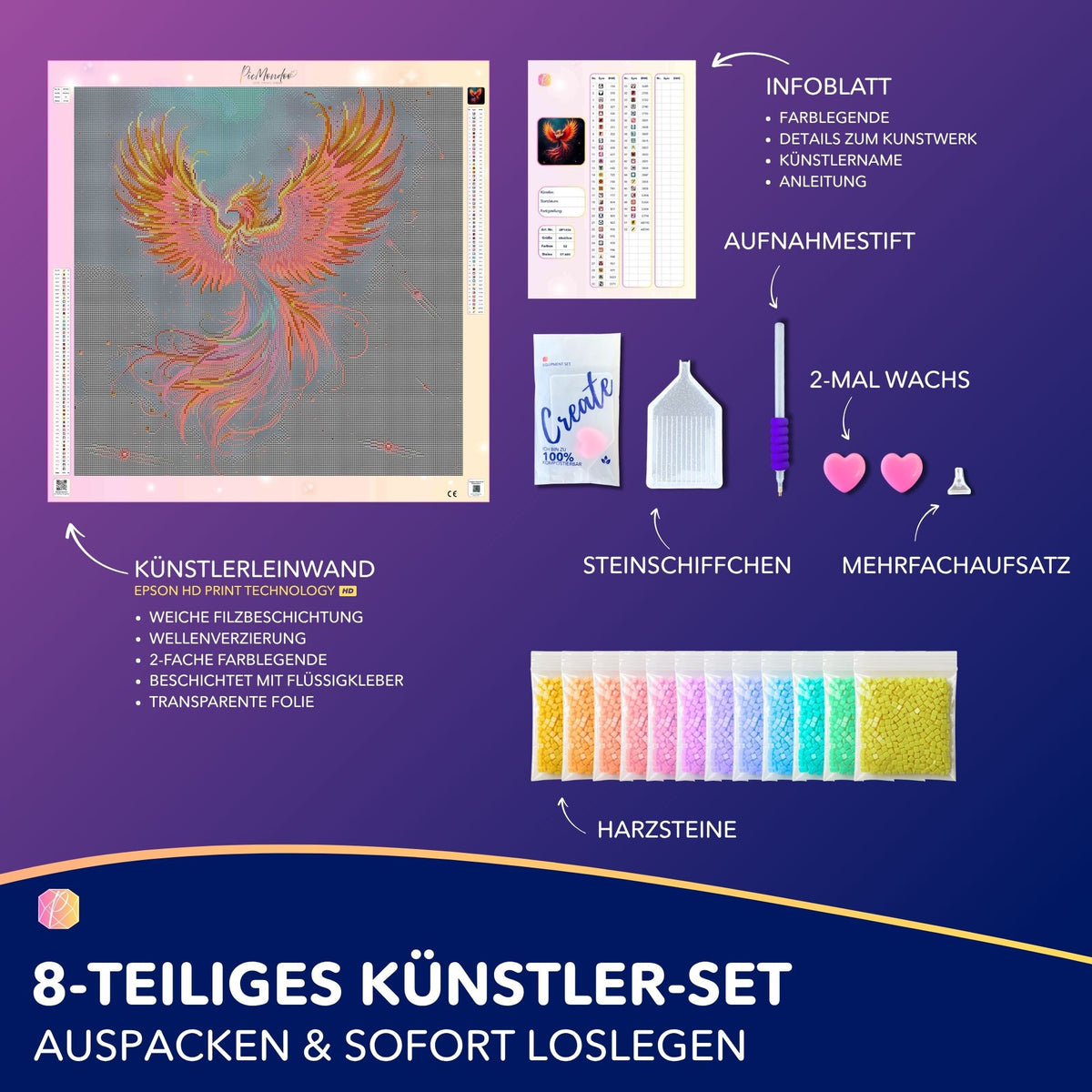 Diamond Painting Set Sparkle Phönix mit 60x60cm Leinwand, bunten Harzsteinen und Zubehör für kreatives Basteln.