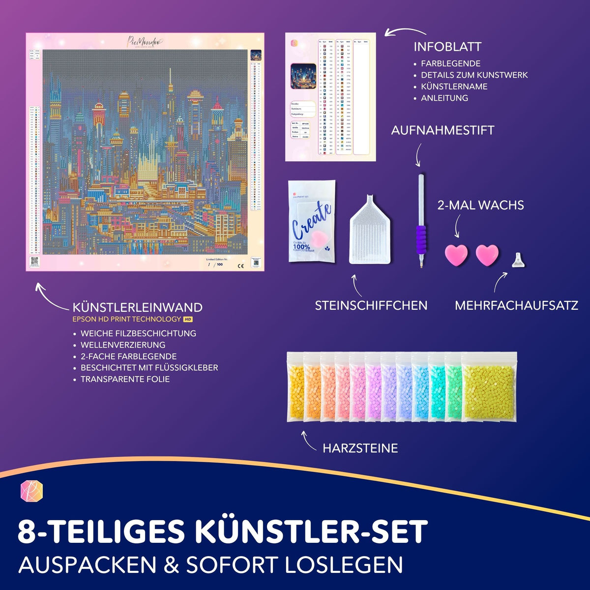 Diamond Painting Set Stadt der Lichter mit bunter Skyline, Leinwand, Harzsteinen und Zubehör für kreatives Basteln