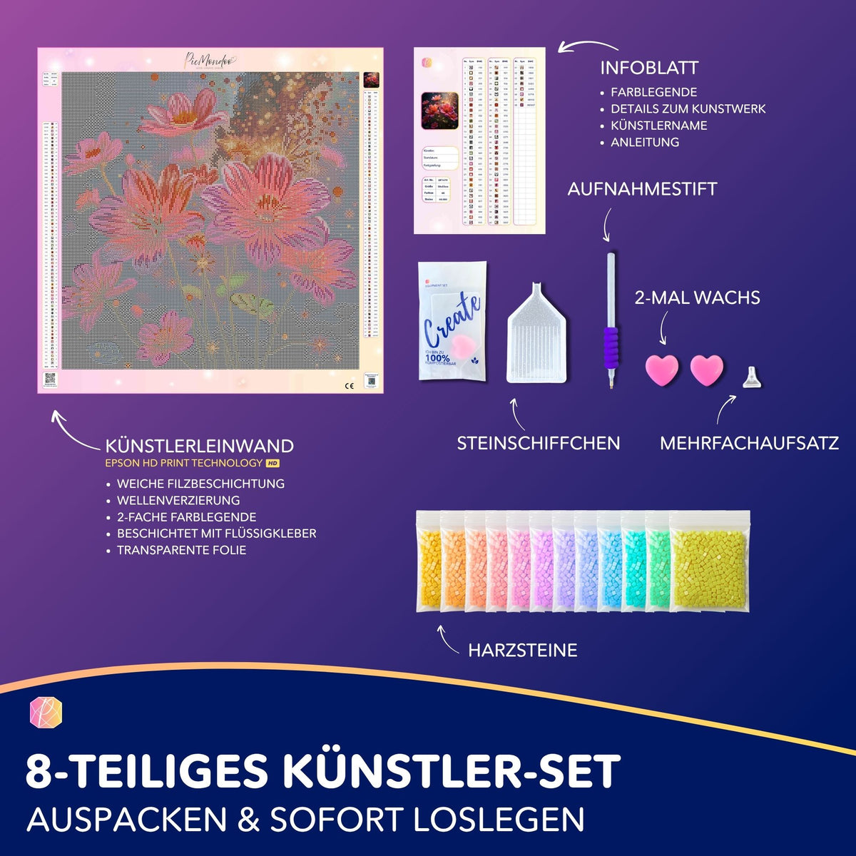 Diamond Painting Set Flower Sparkle mit rosa Blumen-Motiv, hochwertiger Leinwand, Harzsteinen und komplettem Zubehör-Set.