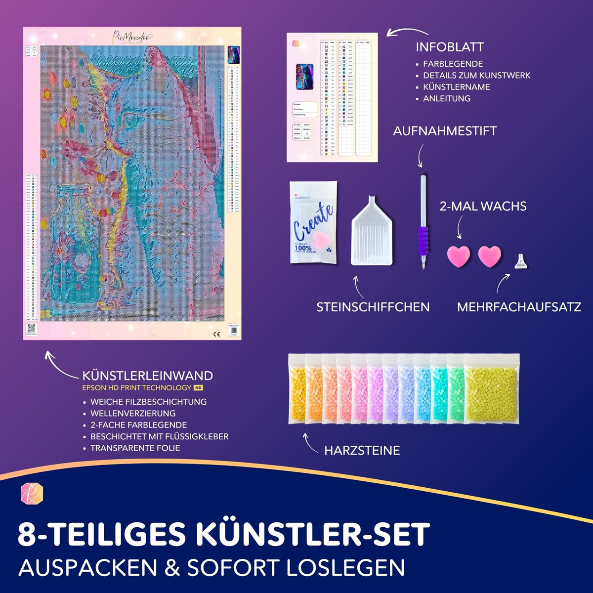 Diamond Painting Set Little Cat of Flowers mit Leinwand, 14 AB Steinen, Zubehör und hochwertigen Harzsteinen im 8-teiligen Set