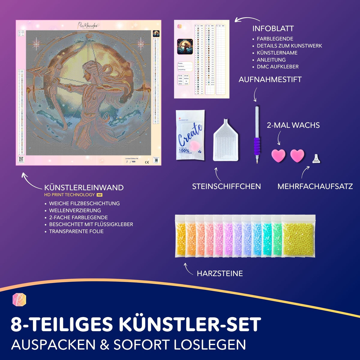 Diamond Painting Set Sternzeichen Schütze mit Leinwand, bunten Steinen und Premium Zubehör für DIY Kunstwerke.