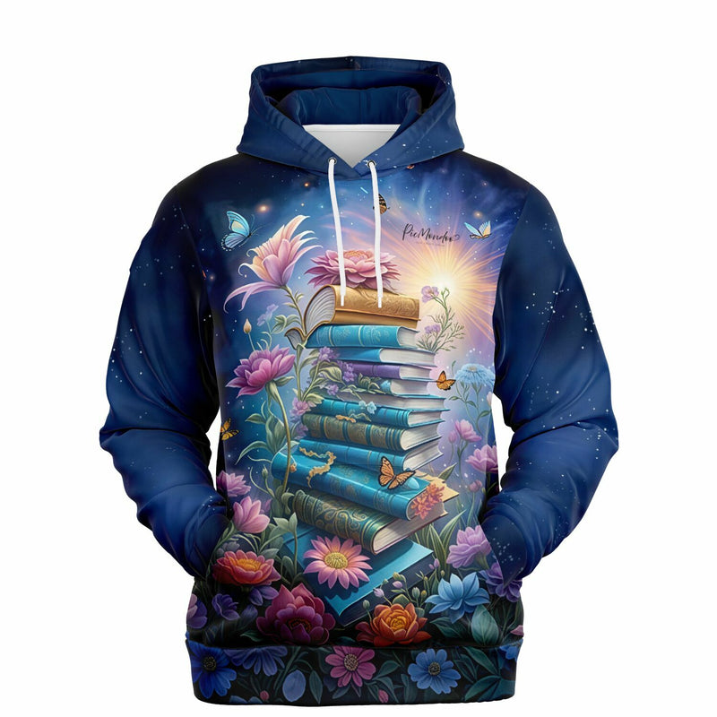 Dreamer Hoodie mit magischem Bücherstapel, bunten Blumen und Schmetterlingen im beliebten pacmondoo.comsign