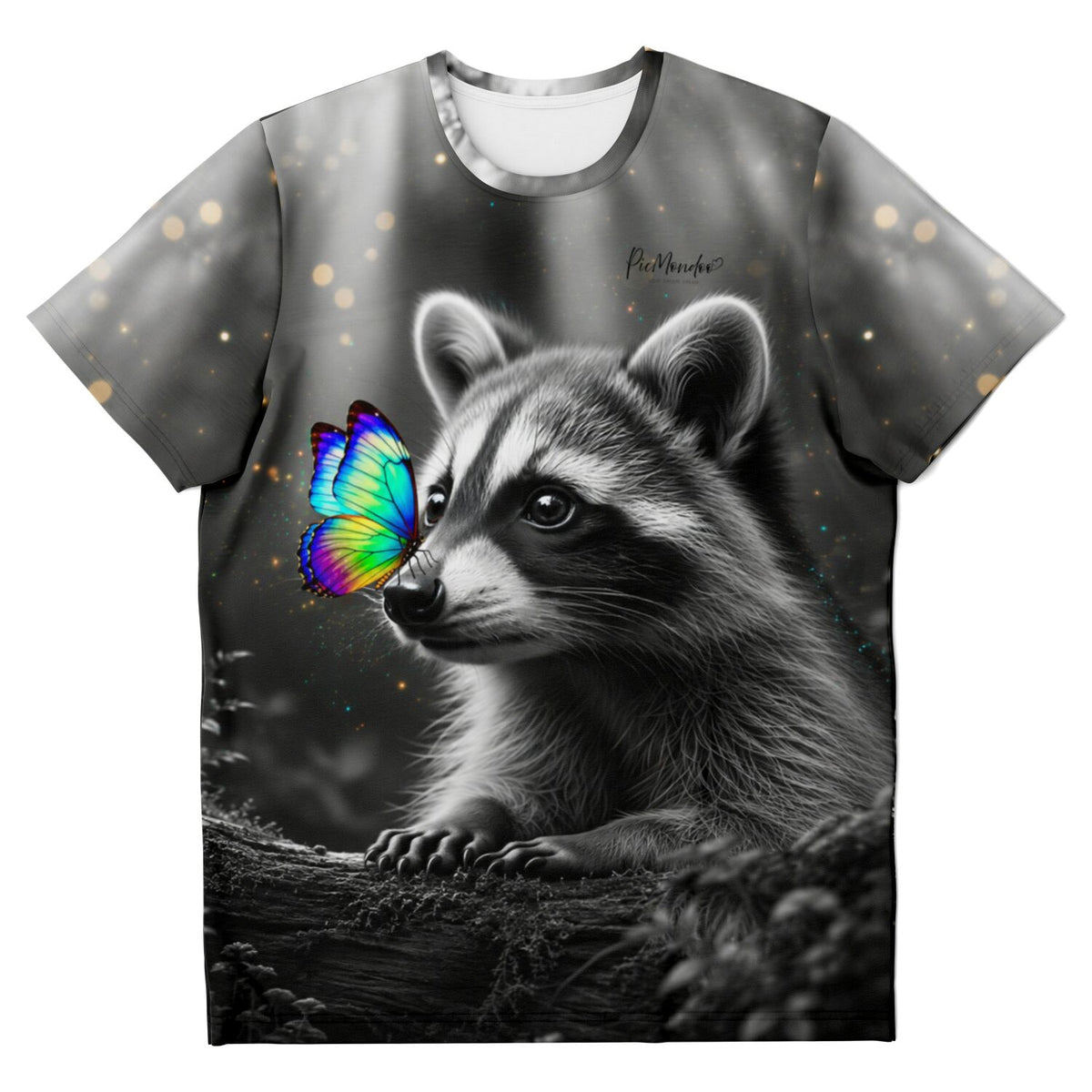 T-Shirt Motiv Waschbär mit buntem Schmetterling, inspiriert durch Diamond Painting und Malen nach Zahlen Designs