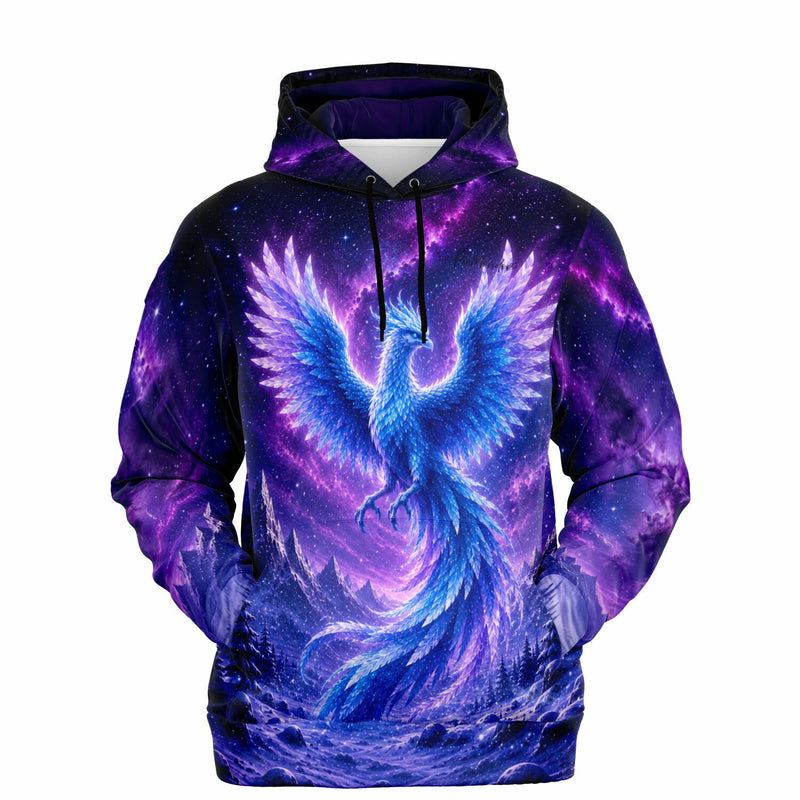 Dreamer Hoodie Winterphönix mit leuchtendem blauem Phönix-Motiv vor einem magischen lila Galaxie-Hintergrund