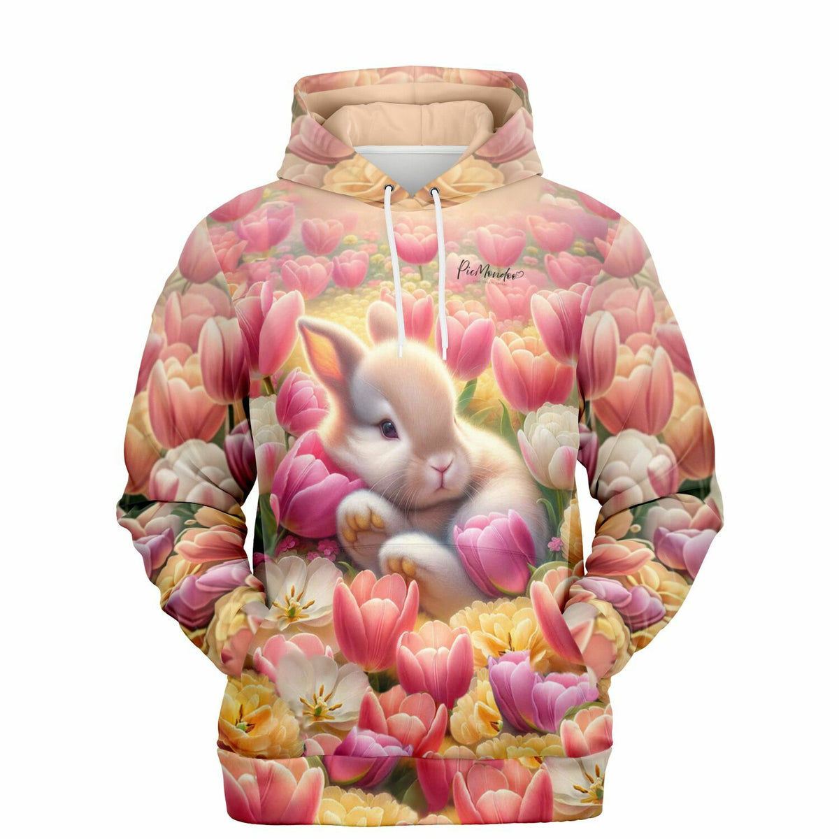 Dreamer Hoodie mit verträumtem Osterhäschen und bunten Tulpen – hochwertiger AOP-Druck im pacmondoo.comsign