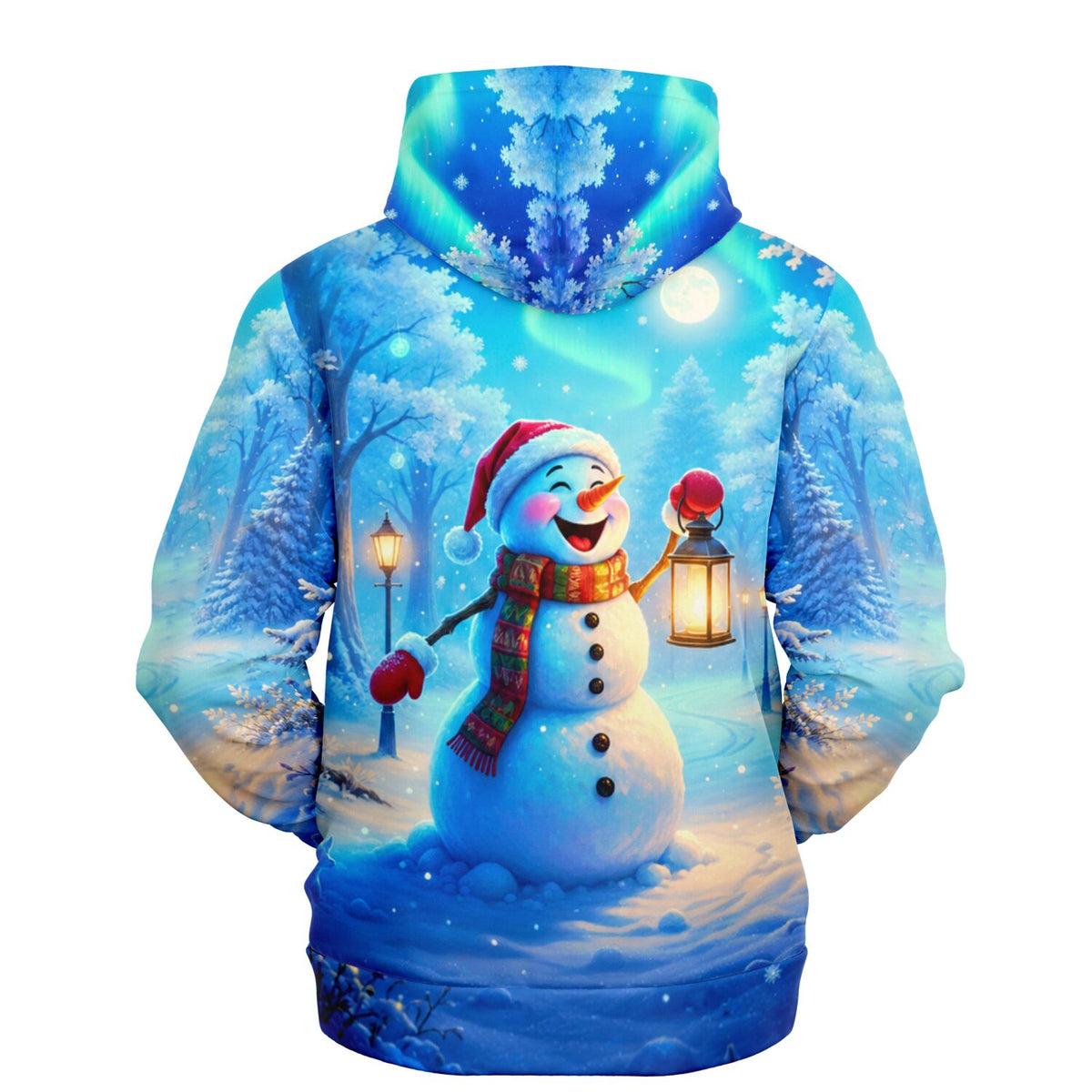 Dreamer Hoodie mit festlichem Schneemann-Motiv, Winterlandschaft und Laterne im All-Over-Print Design