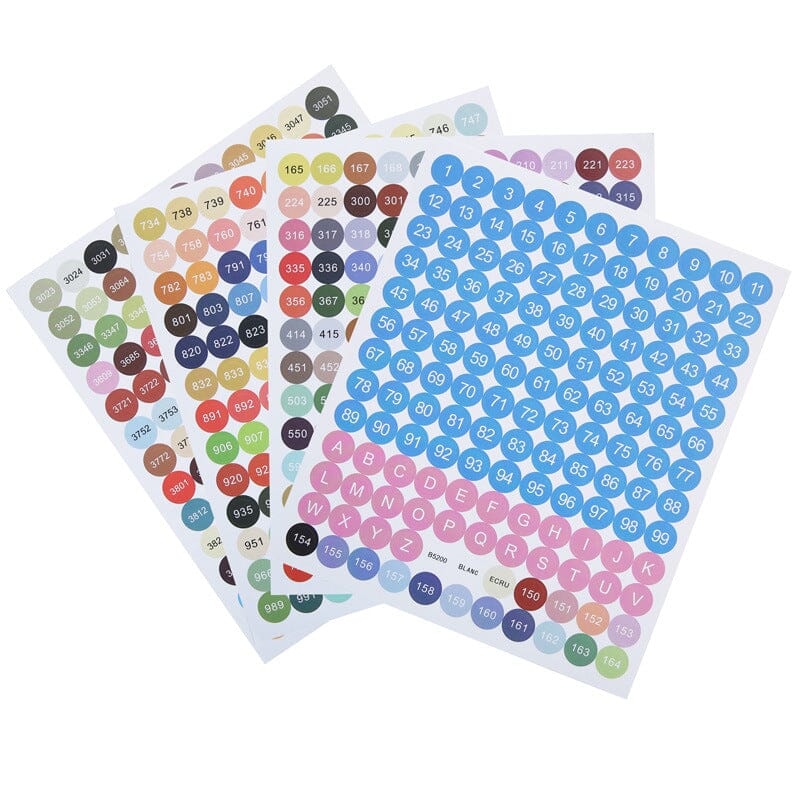 Vier Bögen bunte Diamond Painting Sticker mit DMC Nummern und Symbolen zur Organisation von Zubehör und Aufbewahrung